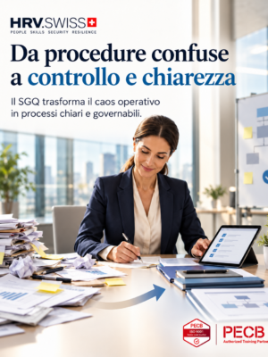 Responsabile qualità riordina documenti e procedure e consulta una checklist digitale nel contesto ISO 9001.