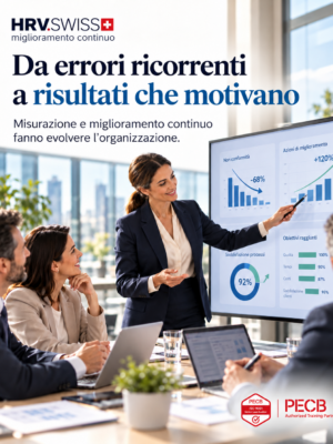 Responsabile presenta al team indicatori di miglioramento continuo e risultati di qualità ISO 9001.