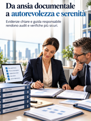 Professionisti esaminano evidenze documentali e checklist di audit per un sistema qualità ISO 9001.